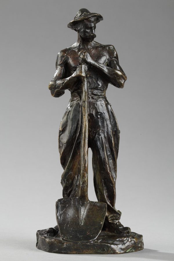 Jules Dalou (1838-1902), "Terrassier appuyé sur une pelle", bronze à patine marron très nuancé, fonte Susse, haut. 20 cm, sculptures - galerie Tourbillon, Paris
