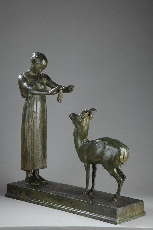 Henri Bouchard (1875-1960), "Femme et Gazelle" ou "Fontaine de Bagatelle", bronze à patine vert nuancé, fonte Bisceglia, haut. 63 cm, sculptures - galerie Tourbillon, Paris