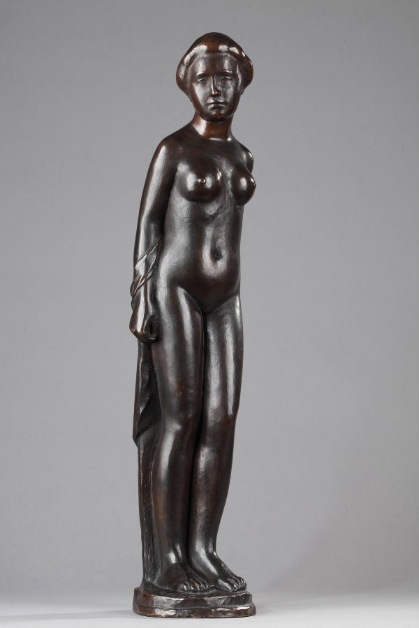 Aristide Maillol (1861-1944), "Femme au Chignon" dite aussi "Baigneuse Debout", bronze à patine brune richement nuancée, édité par Ambroise Vollard, haut. 63 cm, sculptures - galerie Tourbillon, Paris
