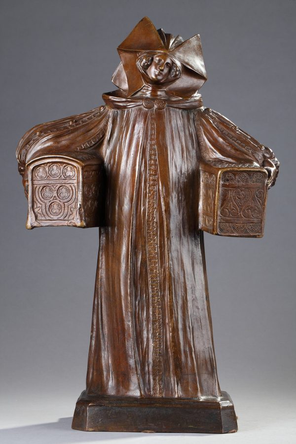 Léo Laporte-Blairsy (1865-1923), "Femme aux Coffrets", bronze à patine marron clair nuancé, fonte ancienne, haut. 46,5 cm, sculptures - galerie Tourbillon, Paris