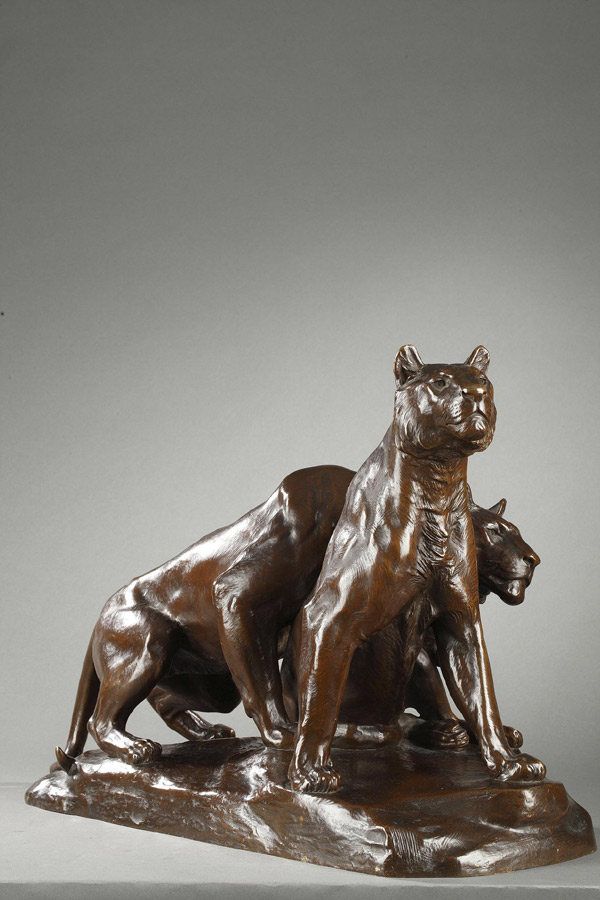 Georges Gardet (1863-1939), "Deux jeunes Lions", bronze à patine marron foncé, fonte Siot, long. terrasse 50 cm, sculptures - galerie Tourbillon, Paris