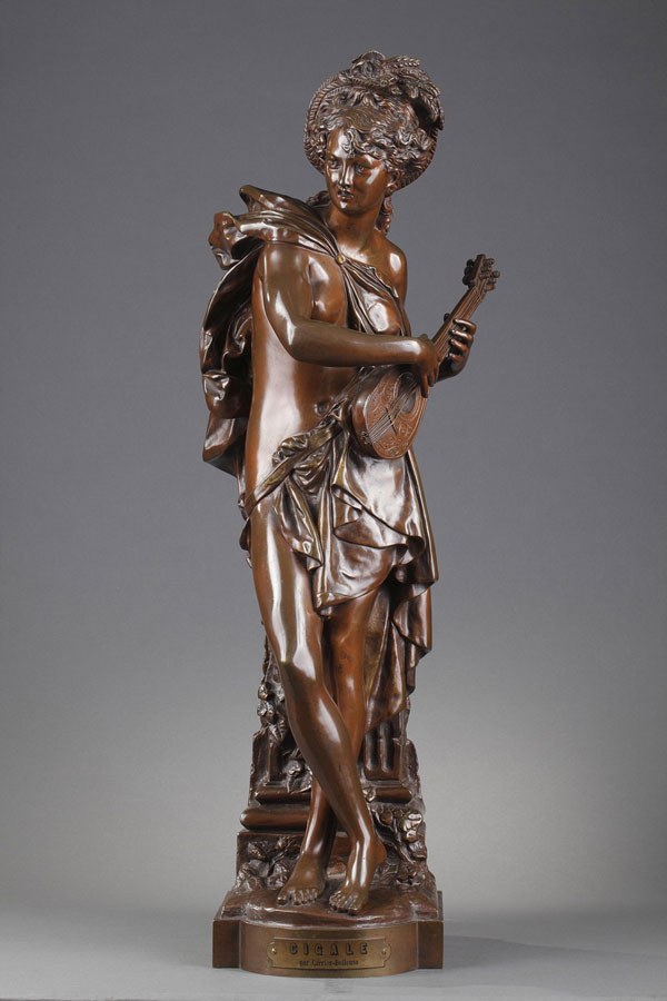 Albert-Ernest Carrier-Belleuse (1824-1887), "Cigale", bronze à patine marron foncé nuancé, haut. 69,5 cm, sculptures - galerie Tourbillon, Paris