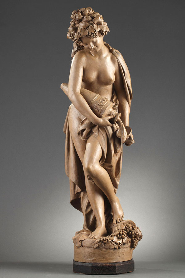 Albert-Ernest Carrier-Belleuse (1824-1887), "L'Automne", terre cuite, socle en bois, haut. totale 82 cm, sculptures - galerie Tourbillon, Paris