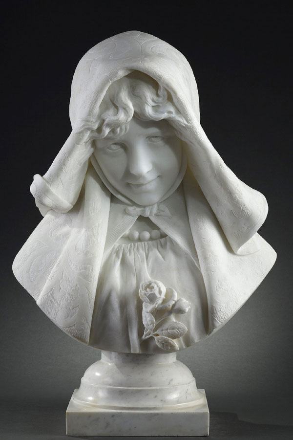 Pietro Barzanti (1842-1881), Buste de jeune fille, marbre blanc de Carrare, socle en marbre blanc veiné, haut. totale 55 cm, sculptures - galerie Tourbillon, Paris