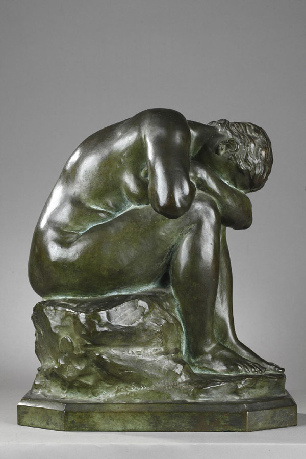Jules Dalou (1838-1902), "Le Miroir brisé" ou "La Vérité méconnue", bronze à patine vert nuancé, fonte Susse, haut. 34 cm, sculptures - galerie Tourbillon, Paris