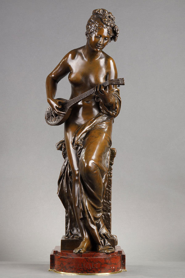 Albert-Ernest Carrier-Belleuse (1824-1887), "Cigale", bronze à patine brun clair nuancé, socle en marbre rouge griotte, haut. 81,5 cm, sculptures - galerie Tourbillon, Paris