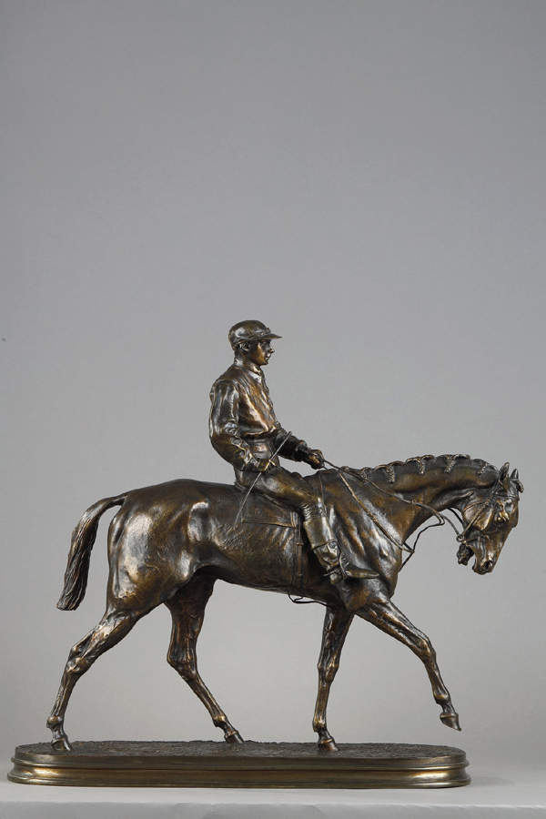 Pierre-Jules Mêne (1810-1879), "Jockey à cheval", Bronze à patine brun très nuancé, fonte ancienne, long. terrasse 42 cm, sculptures - galerie Tourbillon, Paris