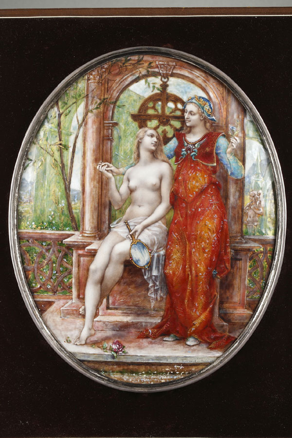 Paul Grandhomme (1851-1944) et Alfred Garnier (1848-1908), Allégories de l’Amour charnel et l’Amour chaste, émail, 1889, haut. 26 cm, sculptures - galerie Tourbillon, Paris