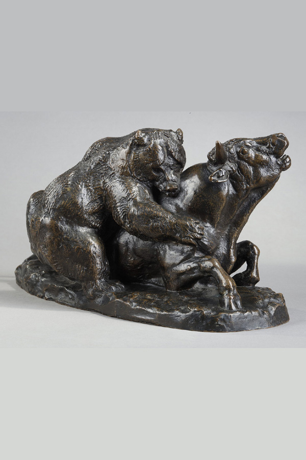 Antoine-Louis Barye (1796-1875), "Taureau terrassé par un ours", bronze à patine brun nuancé, non signé, long. terrasse 28,2 cm, sculptures -Galerie Tourbillon, Paris