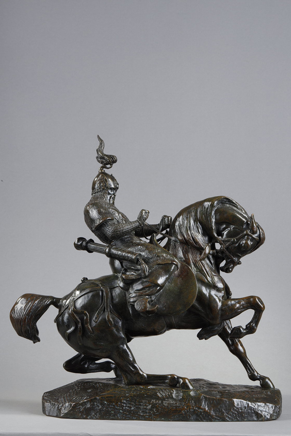 Antoine-Louis Barye (1796-1875), "Guerrier Tartare arrêtant son cheval", bronze à patine brun-vert nuancé, fonte Barbedienne, haut. 37,3 cm, sculptures -Galerie Tourbillon, Paris