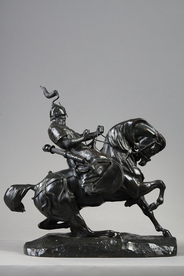 Antoine-Louis Barye (1796-1875), "Guerrier Tartare arrêtant son cheval", bronze à patine brun-vert très foncé, fonte ancienne, haut. 33,8 cm, sculptures - galerie Tourbillon, Paris