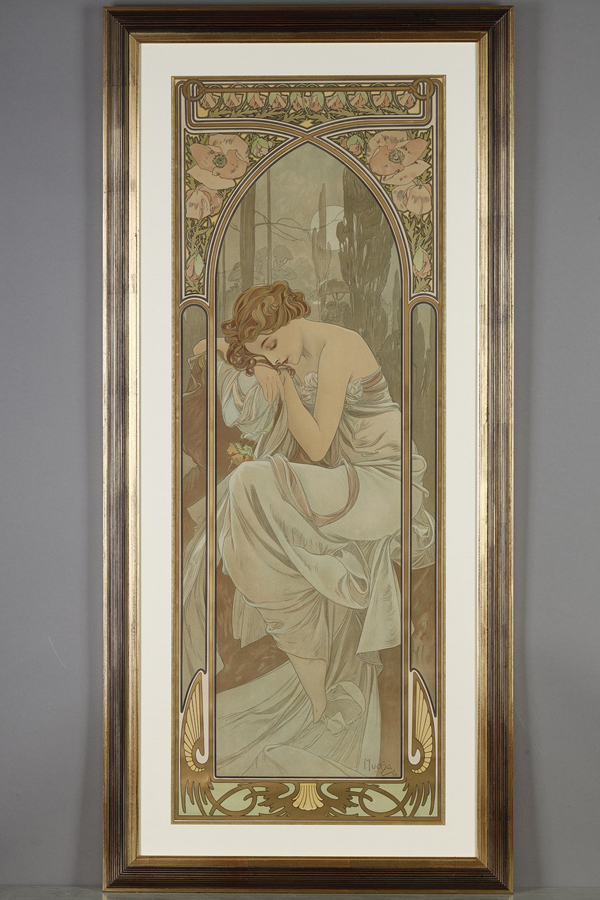 Alphonse Mucha (1860-1939), "Repos de la nuit" de la série "Les Heures du Jour", lithographie originale, encadré 121x56 cm, galerie Tourbillon, Paris