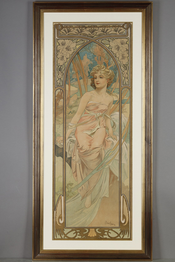 Alphonse Mucha (1860-1939), "Éveil du matin" de la série "Les Heures du Jour", lithographie originale, encadré 121x56 cm, galerie Tourbillon, Paris