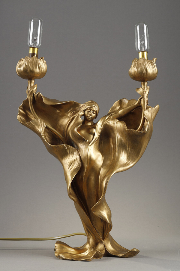 Mars-Vallett (1869-1957), Lampe "Femme-Fleur", bronze doré, fonte ancienne, haut. 35 cm, sculptures - galerie Tourbillon, Paris
