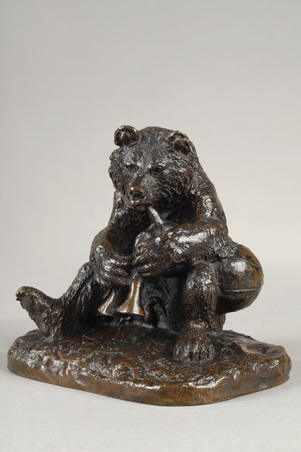 Christophe Fratin (1801-1864), "Ours joueur de Cornemuse", bronze à patine brun foncé nuancé, fonte ancienne, haut. 10,5 cm, sculptures - galerie Tourbillon, Paris
