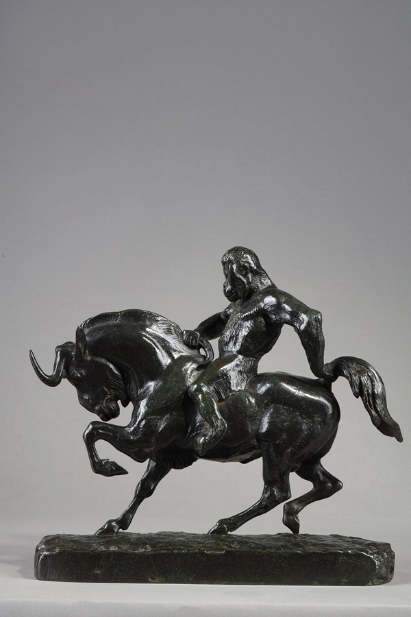 Antoine-Louis Barye (1796-1875), "Singe monté sur un gnou", bronze à patine vert foncé nuancé, fonte probable de Brame, haut. 23,5 cm, sculptures - galerie Tourbillon, Paris