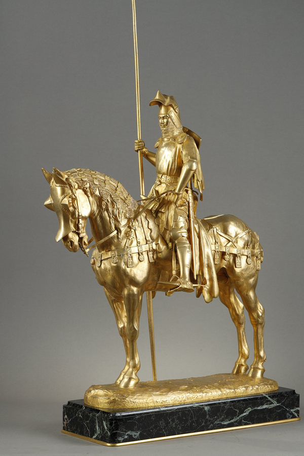 Emmanuel Fremiet (1824-1910), "Louis d'Orléans", bronze à patine dorée, fonte Barbedienne, haut. totale avec socle en marbre vert 74 cm, sculptures - galerie Tourbillon, Paris