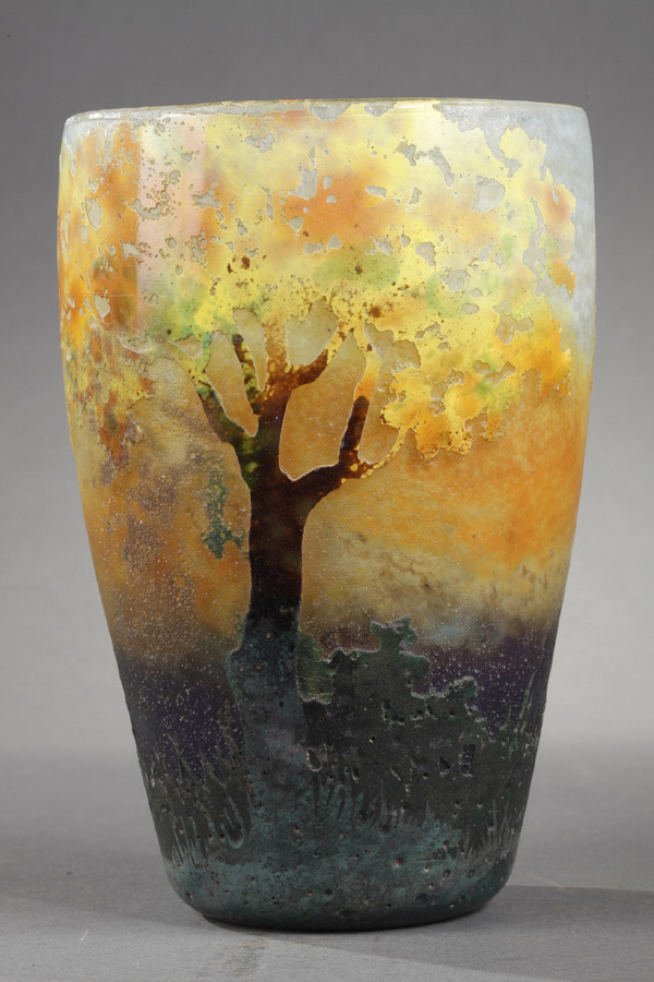 Daum, Clain et Perrier, Vase aux Bouleaux en automne, Haut. 18,2 cm. sculptures, verreries - galerie Tourbillon, Paris