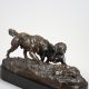 Antoine-Louis Barye (1796-1875), "Deux chiens en arrêt devant un lapin", bronze à patine brun très nuancé, fonte Atelier Barye, long. avec socle marbre 27,5 cm, sculptures - galerie Tourbillon, Paris