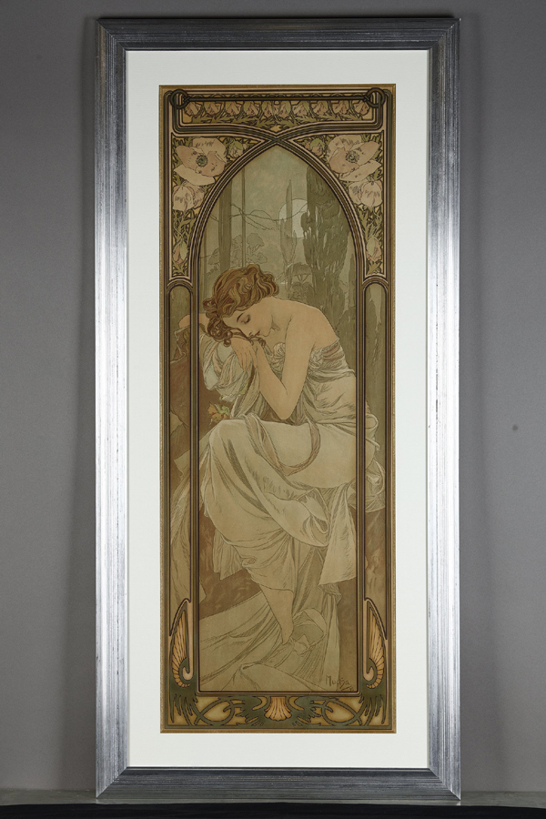 Alphonse Mucha (1860-1939), "Repos de la nuit" de la série "Les Heures du Jour", lithographie originale, encadré 124x58 cm, galerie Tourbillon, Paris