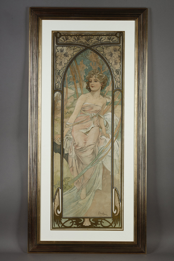 Alphonse Mucha (1860-1939), "Éveil du matin" de la série "Les Heures du Jour", lithographie originale, encadré 126,5x61 cm, galerie Tourbillon, Paris