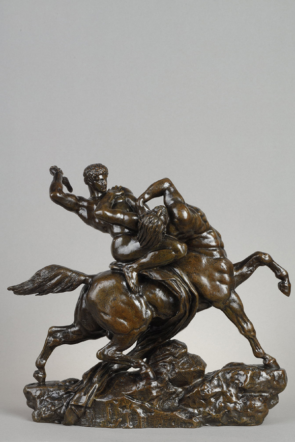 Antoine-Louis Barye (1796-1875), Thésée combattant le centaure Biénor, bronze à patine brun clair nuancé, fonte Atelier Barye, long. 37 cm, sculptures - galerie Tourbillon, Paris