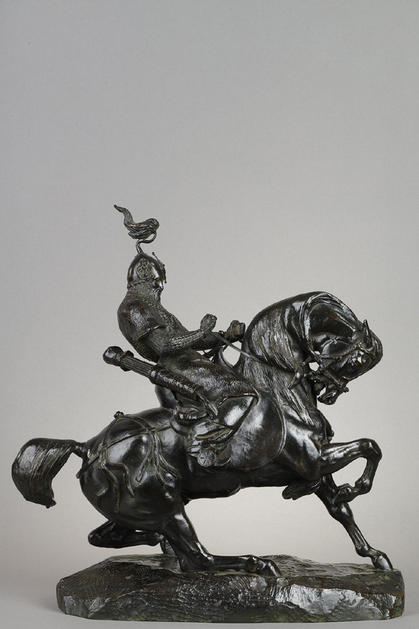 Antoine-Louis Barye (1796-1875), "Guerrier Tartare arrêtant son cheval", bronze à patine brun-vert foncé nuancé, fonte Barbedienne, haut. 36,8 cm, sculptures - galerie Tourbillon, Paris