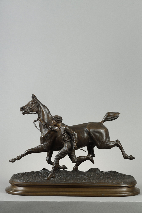 Arthur Marie Gabriel comte du Passage (1838-1909), Cheval à l’entraînement avec son lad, bronze à patine brun nuancé, long. terrasse 45 cm, sculptures - galerie Tourbillon, Paris